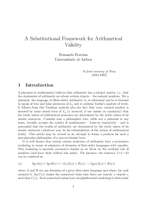 (PDF) A Substitutional Framework for Arithmetical Validity