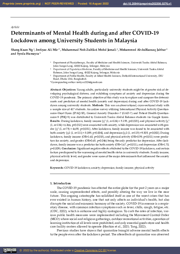 (PDF) Determinants of Mental Health during and after COVID-19 Lockdown ...