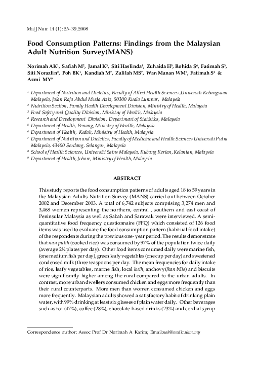 Pdf Food Consumption Patterns Findings From The Malaysian Adult Pdf Food Consumption Patterns Findings From The Malaysian Adult
