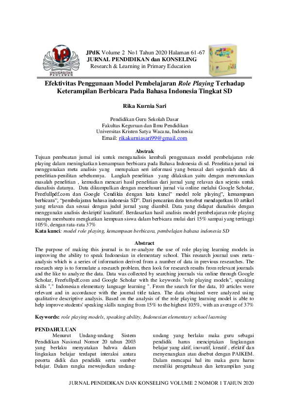 (PDF) Efektivitas Penggunaan Model Pembelajaran Role Playing Terhadap ...