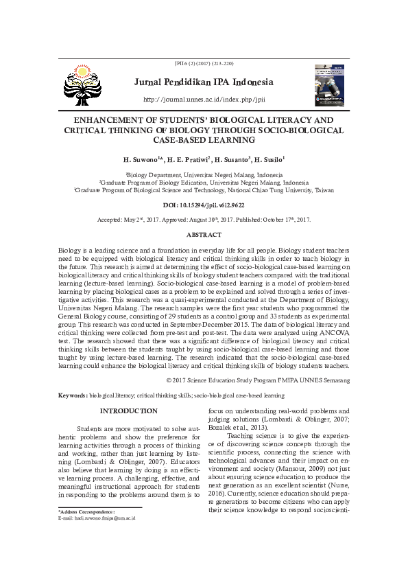 (PDF) Enhancement of Students’ Biological Literacy and Critical ...