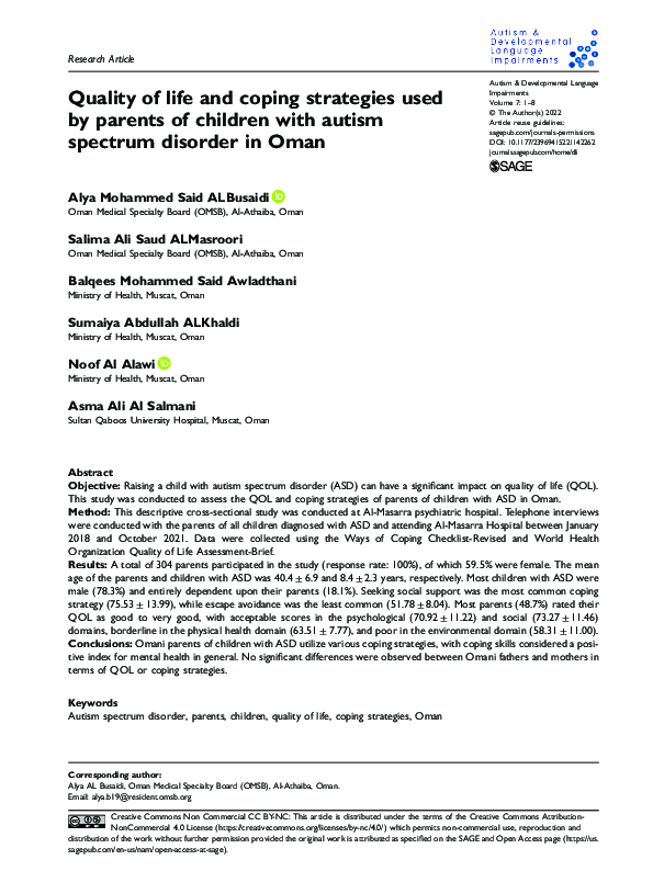 (PDF) Quality of life and coping strategies used by parents of children ...