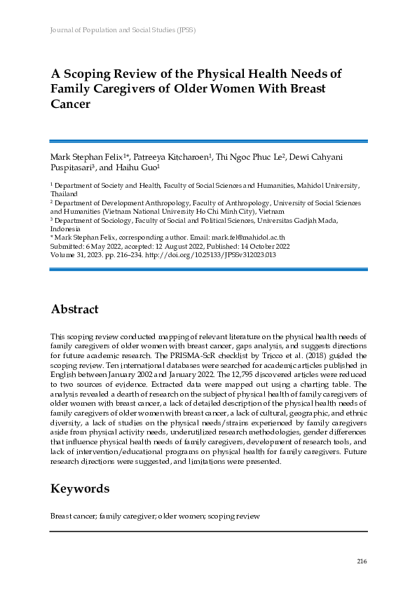 (PDF) A Scoping Review of the Physical Health Needs of Family ...