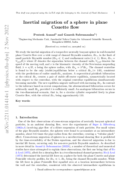 (PDF) Inertial migration of a sphere in plane Couette flow