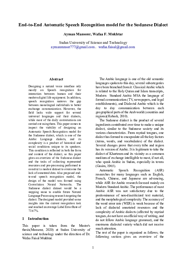 (PDF) End-to-End Automatic Speech Recognition model for the Sudanese ...