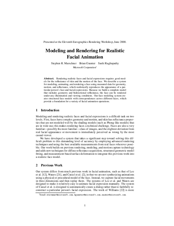 (PDF) Modeling and Rendering for Realistic Facial Animation