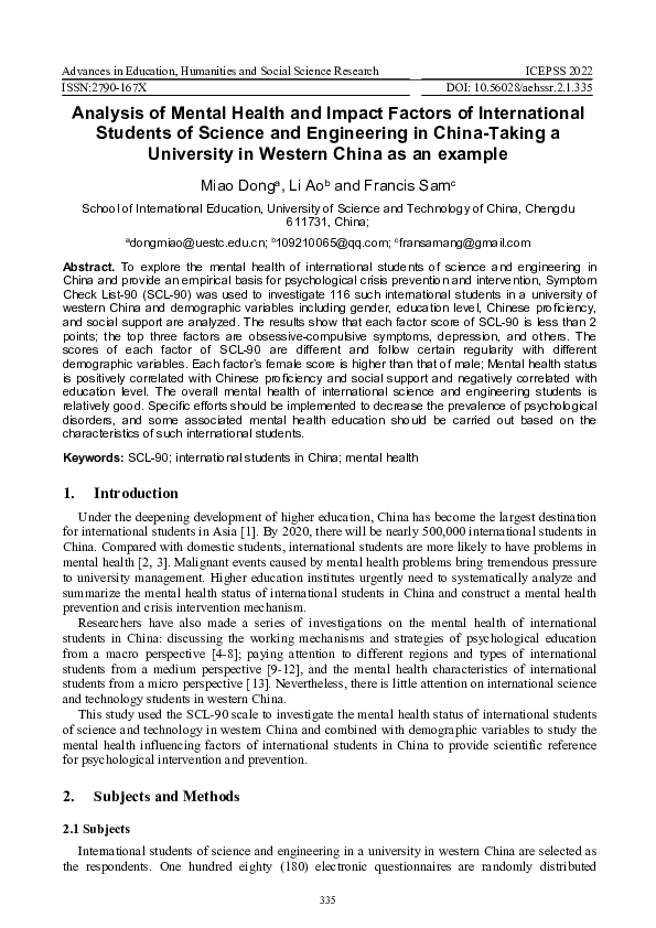 (PDF) Analysis of Mental Health and Impact Factors of International ...