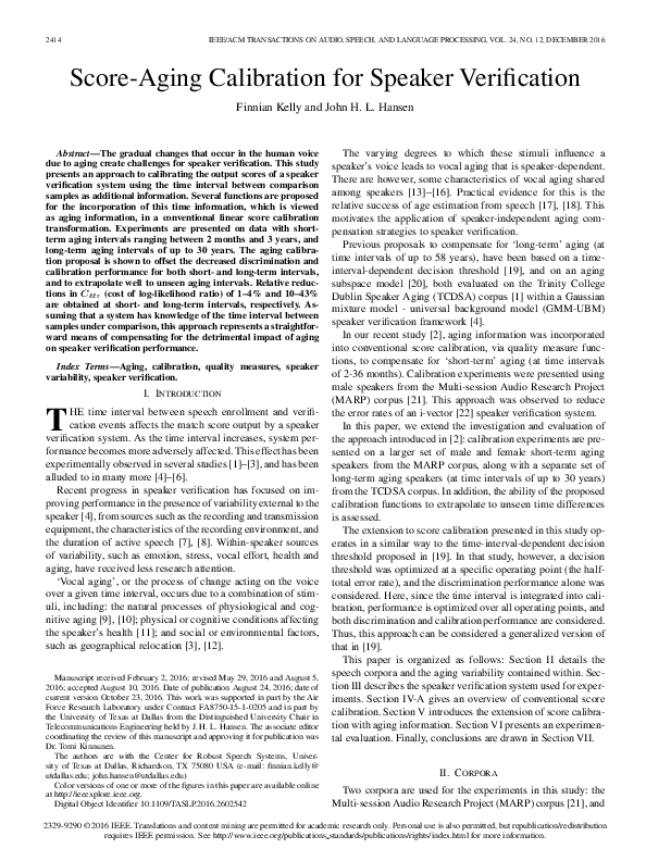 (PDF) Score-Aging Calibration for Speaker Verification