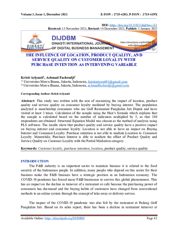 (PDF) The Influence of Location, Product Quality, and Service Quality ...