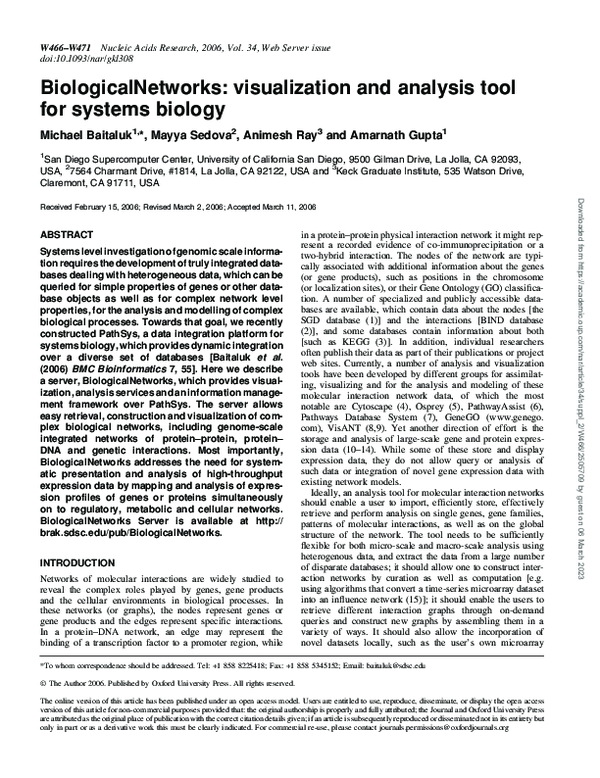 (PDF) BiologicalNetworks: visualization and analysis tool for systems ...