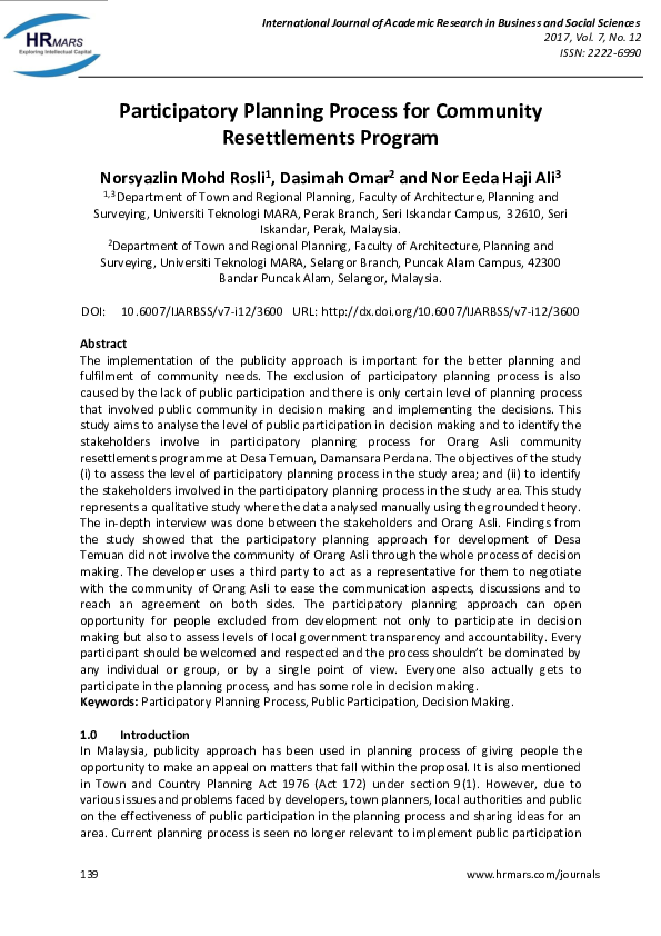 (PDF) Participatory Planning Process for Community Resettlements Program