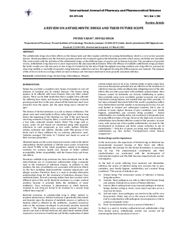 (PDF) A Review on Anthelmintic Drugs and Their Future Scope