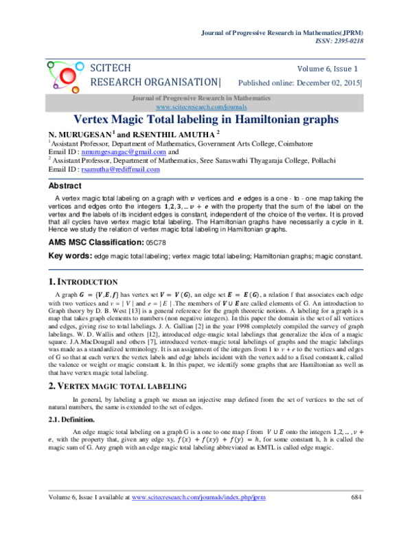 (PDF) Vertex Magic Total labeling in Hamiltonian graphs