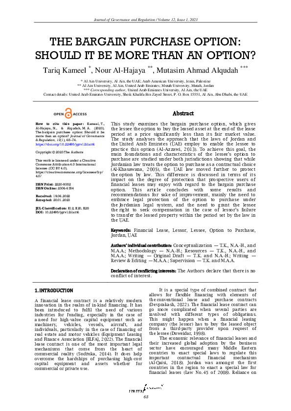 (PDF) The bargain purchase option Should it be more than an option? Mutasim Alqudah