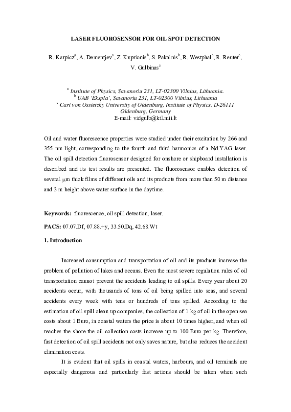 (PDF) Laser fluorosensor for oil spot detection Andrej Dementjev