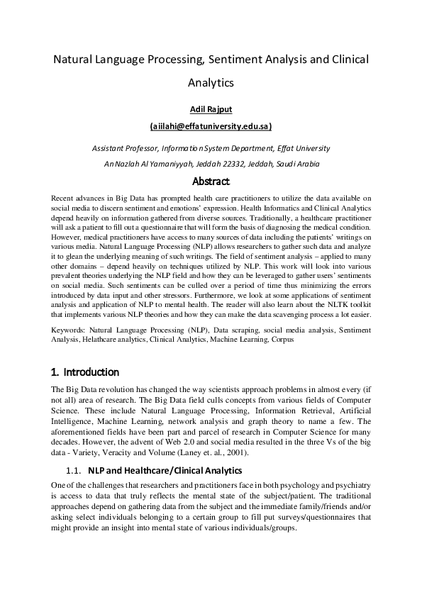 (PDF) Natural Language Processing, Sentiment Analysis, and Clinical ...