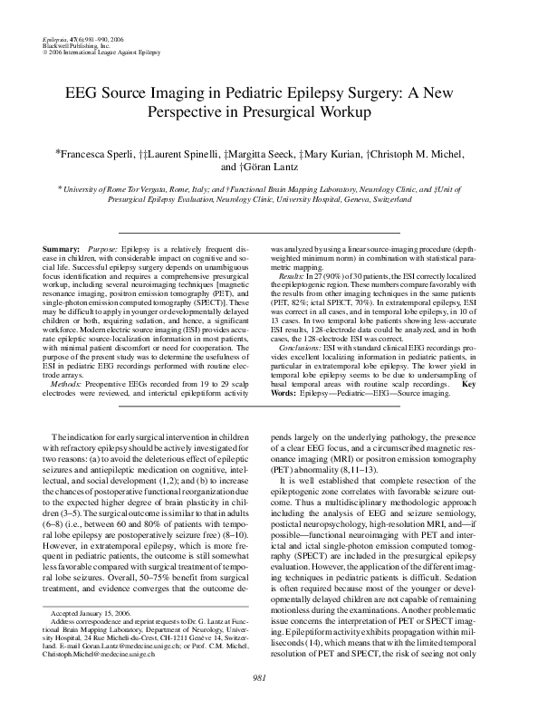 (PDF) EEG Source Imaging in Pediatric Epilepsy Surgery: A New ...