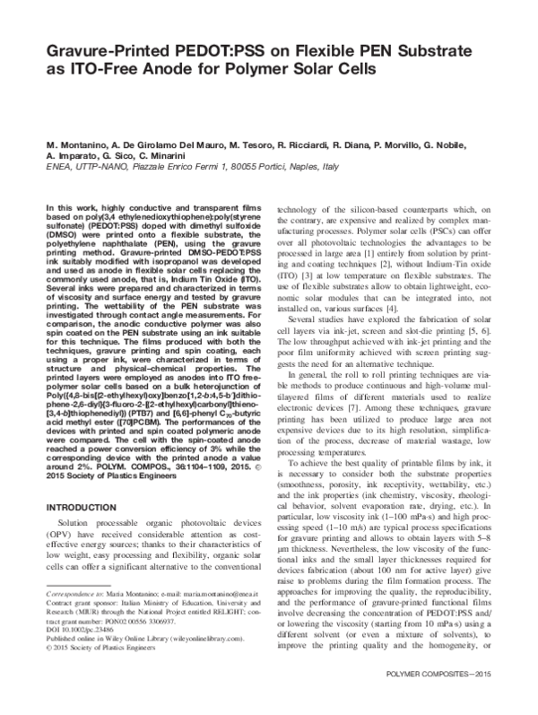 (PDF) Gravure‐printed PEDOT:PSS on flexible PEN substrate as ITO‐free ...