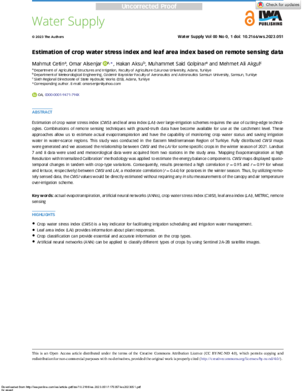 (PDF) Estimation of crop water stress index and leaf area index based ...