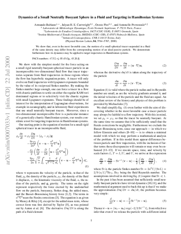 (PDF) Dynamics of a Small Neutrally Buoyant Sphere in a Fluid and ...