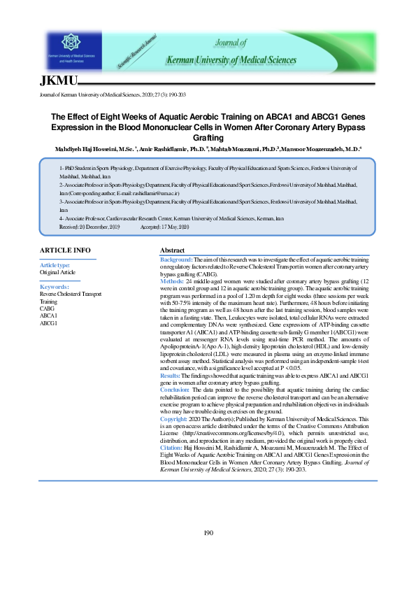 (PDF) The Effect of Eight Weeks of Aquatic Aerobic Training on ABCA1 ...