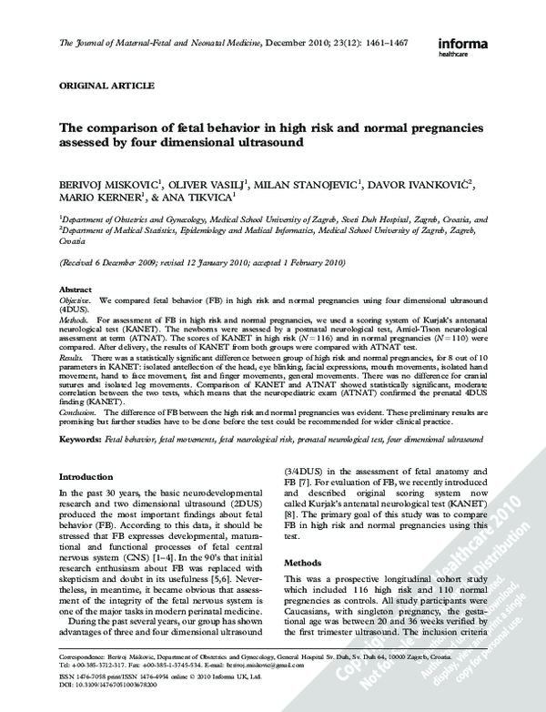 (PDF) The comparison of fetal behavior in high risk and normal ...