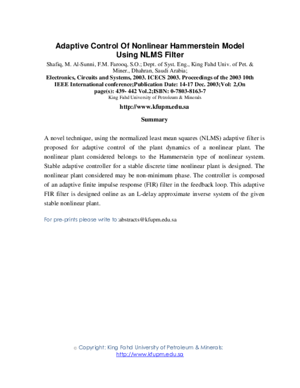 (PDF) Adaptive control of nonlinear Hammerstein model using NLMS filter