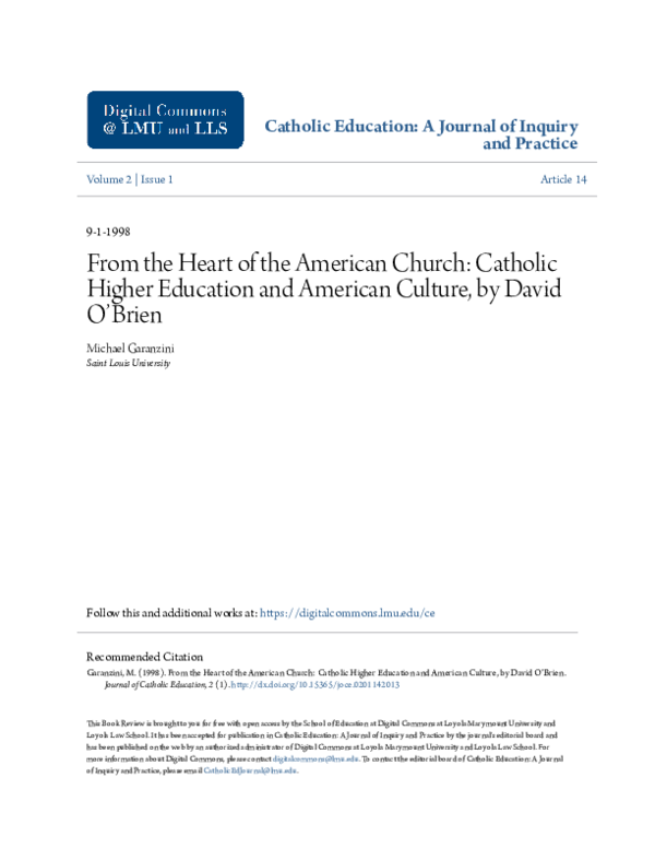 (PDF) From the Heart of the American Church: Catholic Higher Education ...