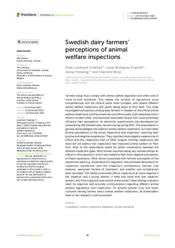 (PDF) Swedish dairy farmers’ perceptions of animal welfare inspections