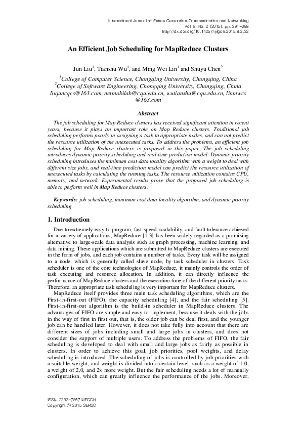 (PDF) An Efficient Job Scheduling for MapReduce Clusters
