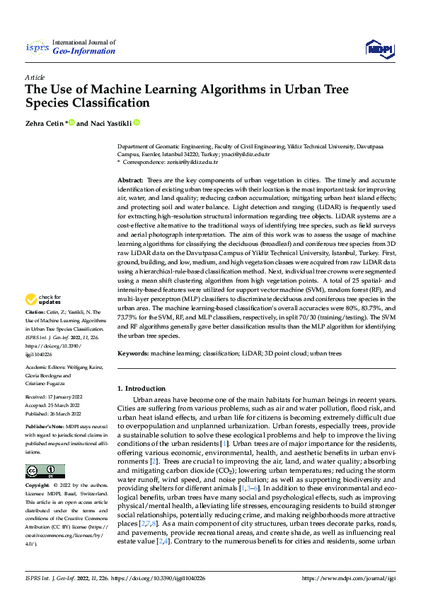 (PDF) The Use of Machine Learning Algorithms in Urban Tree Species ...