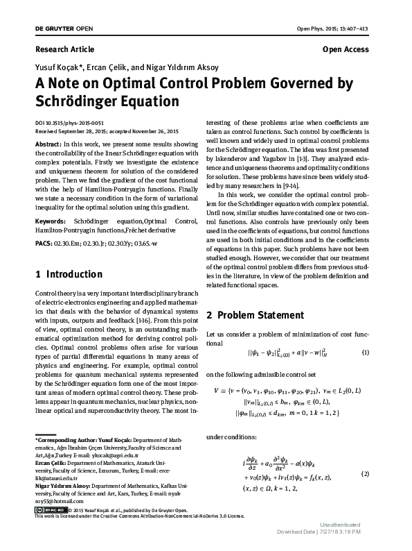 (PDF) A Note on Optimal Control Problem Governed by Schrödinger Equation