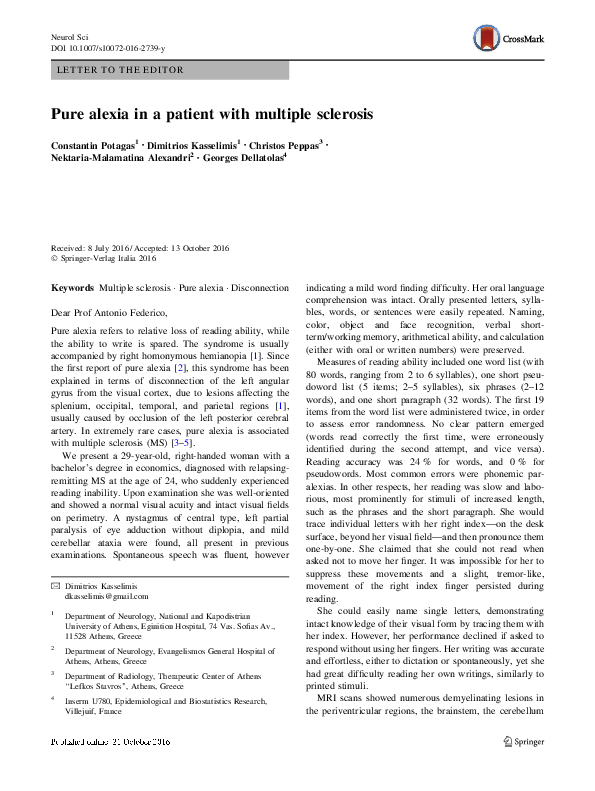 (PDF) Pure alexia in a patient with multiple sclerosis