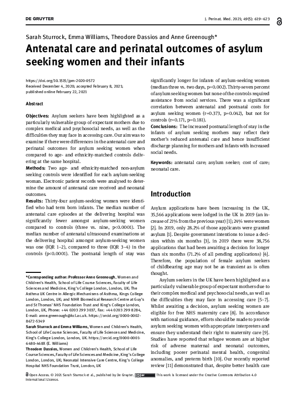 (PDF) Antenatal care and perinatal outcomes of asylum seeking women and ...