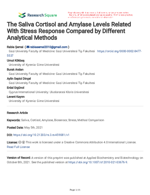 (PDF) The Saliva Cortisol and Amylase Levels Related with Stress ...