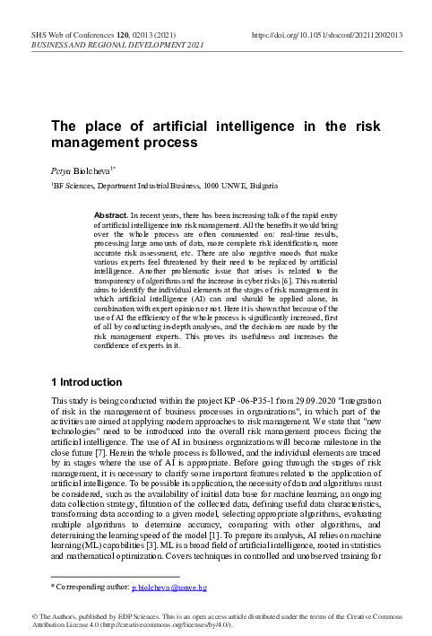 (PDF) The place of artificial intelligence in the risk management process