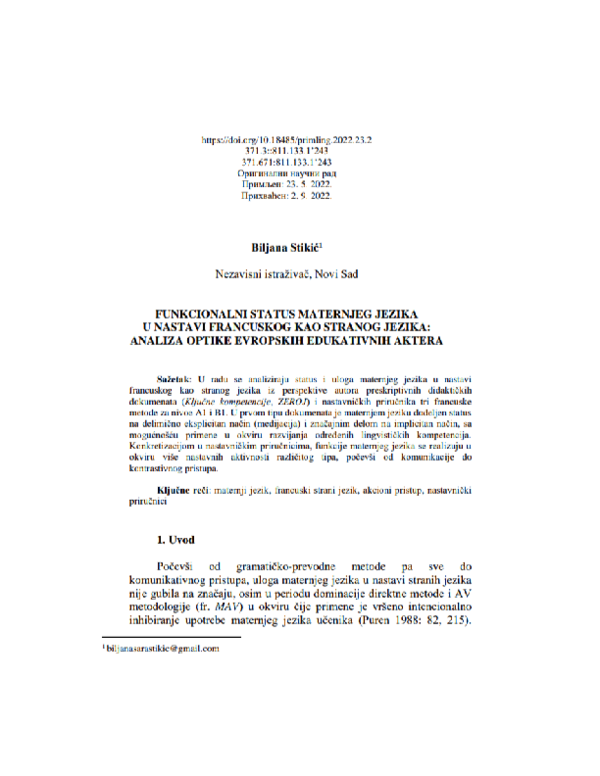 (PDF) Funkcionalni status maternjeg jezika u nastavi francuskog kao ...