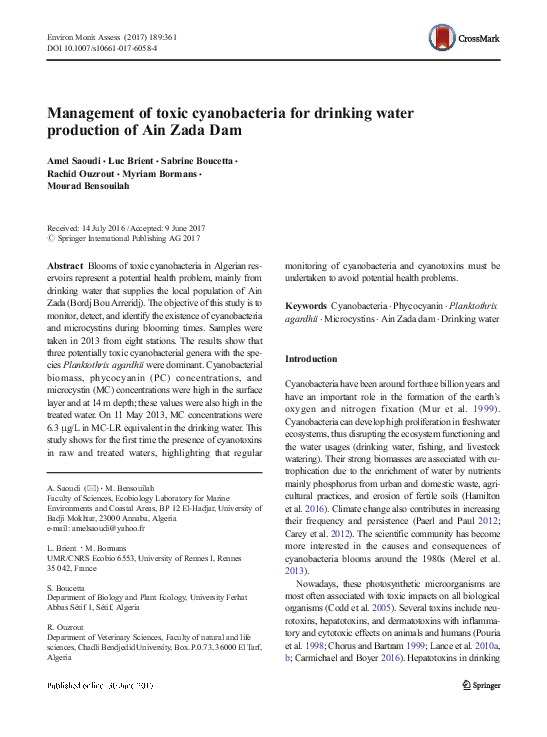 (PDF) Management of toxic cyanobacteria for drinking water production ...