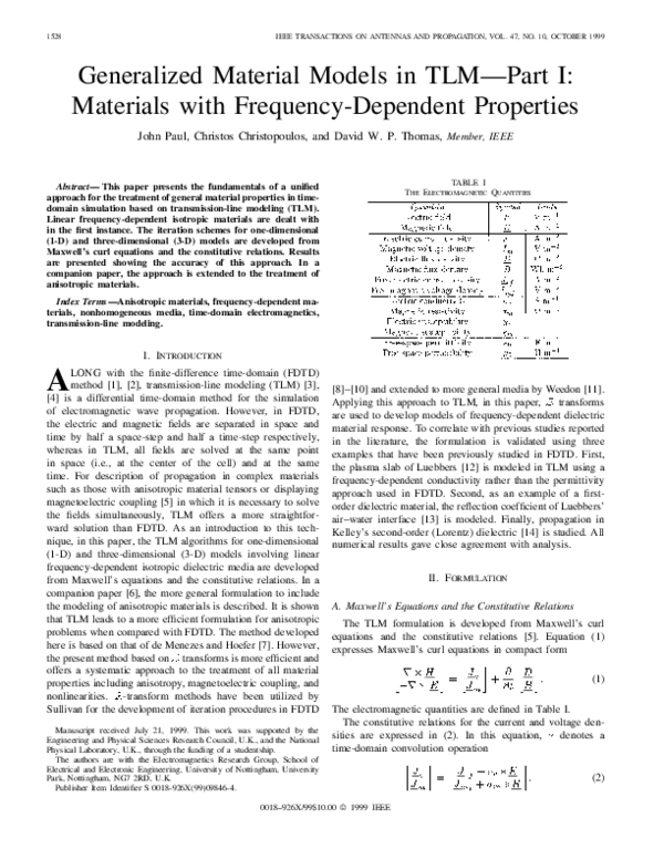 (PDF) Generalized material models in TLM .I. Materials with frequency ...