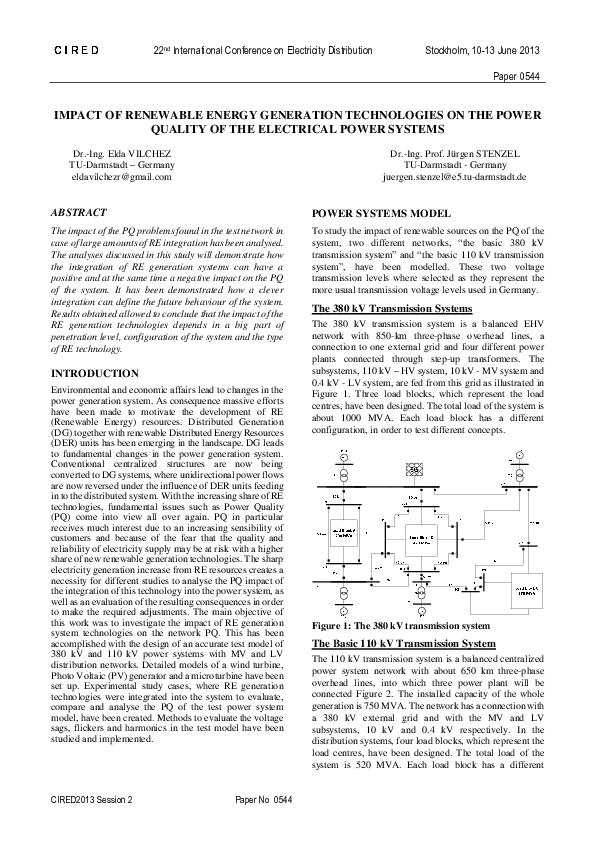 (PDF) Impact of renewable energy generation technologies on the power ...