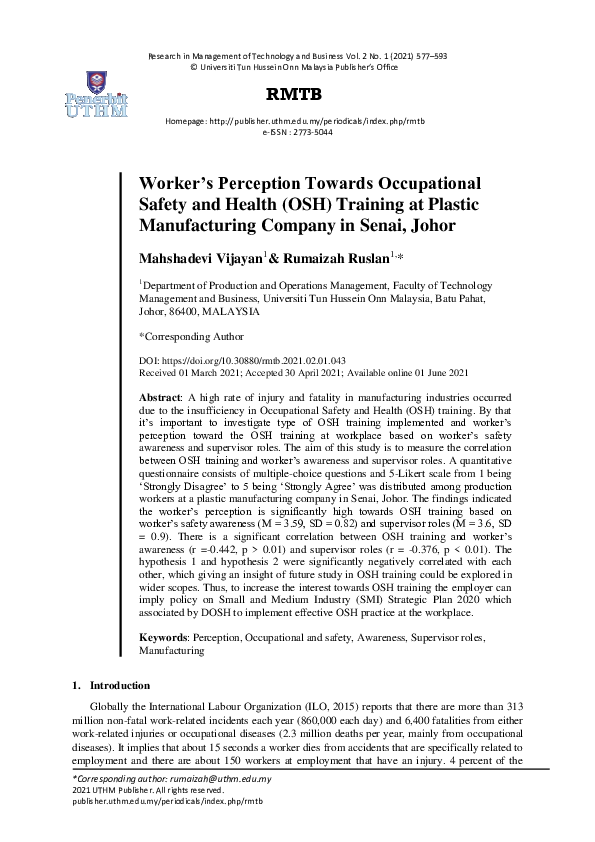 (PDF) Worker's Perception Towards Occupational Safety and Health (OSH ...