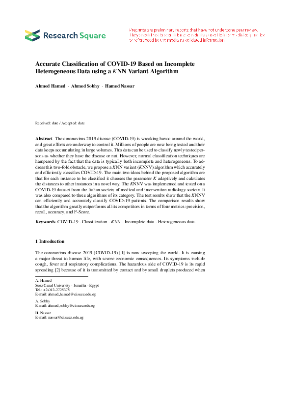 (PDF) Accurate Classification of COVID-19 Based on Incomplete ...