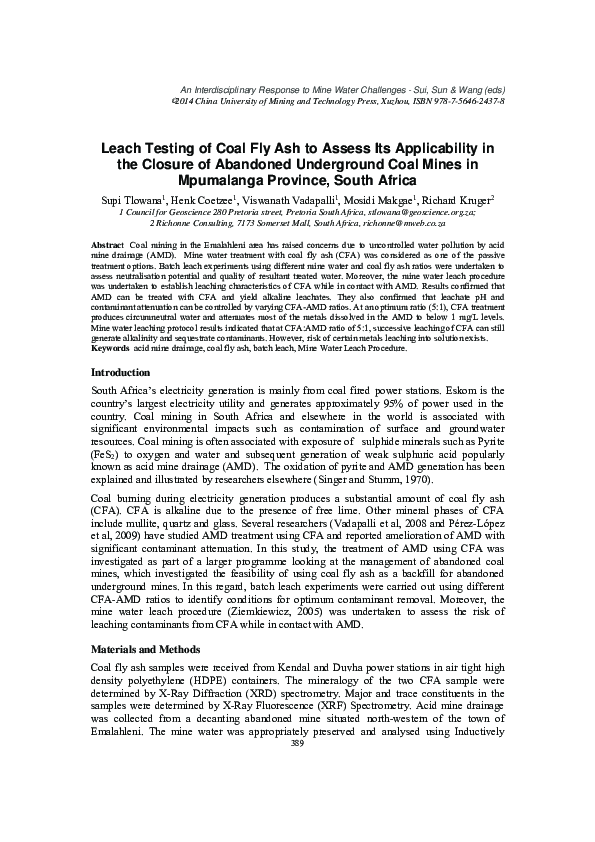 (PDF) Leach Testing of Coal Fly Ash to Assess Its Applicability in the ...