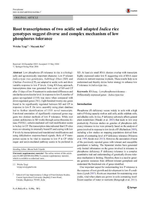 (PDF) Root transcriptomes of two acidic soil adapted Indica rice ...