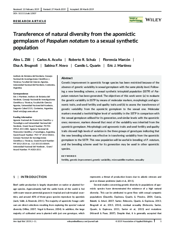 (PDF) Transference of natural diversity from the apomictic germplasm of ...