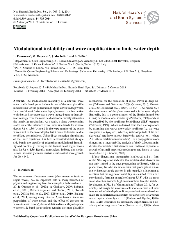 (PDF) Modulational instability and wave amplification in finite water depth
