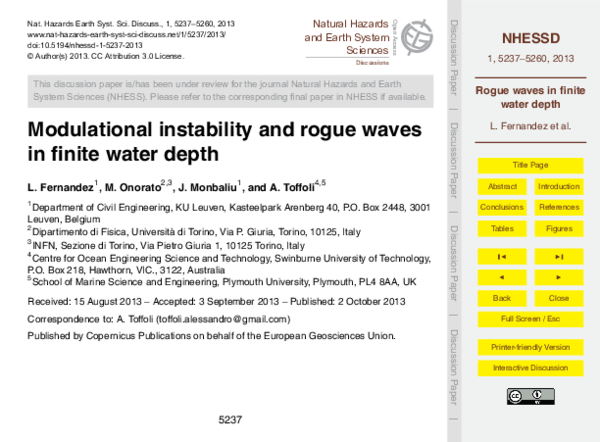 (PDF) Modulational instability and rogue waves in finite water depth
