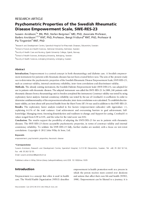 (PDF) Psychometric Properties of the Swedish Rheumatic Disease ...