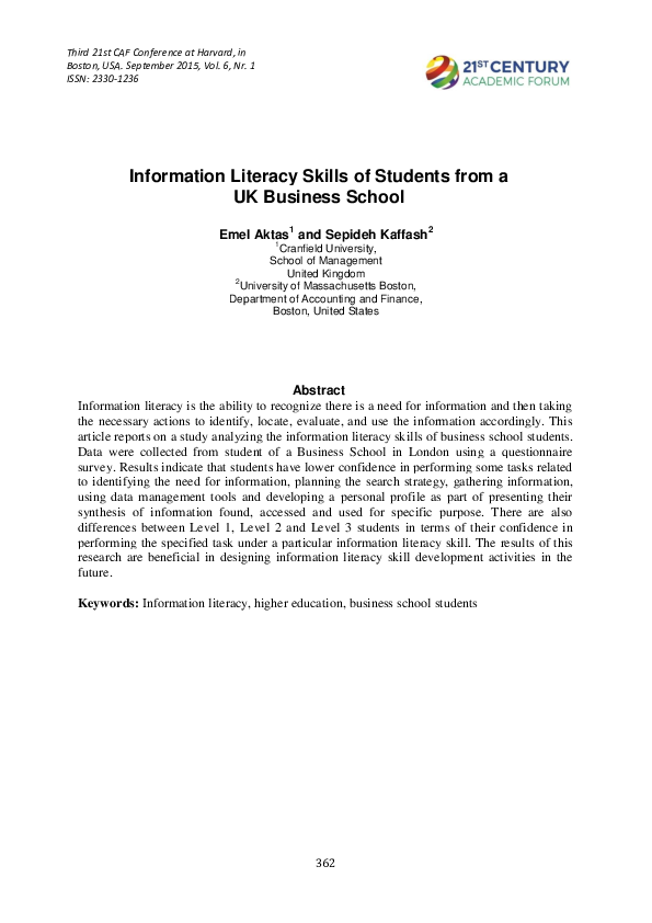 (PDF) Information Literacy Skills of Students from a UK Business School