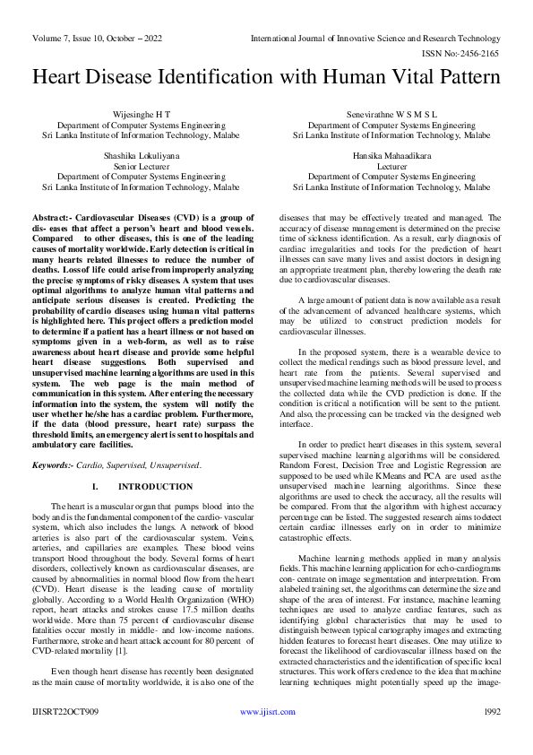 (PDF) Heart Disease Identification with Human Vital Pattern